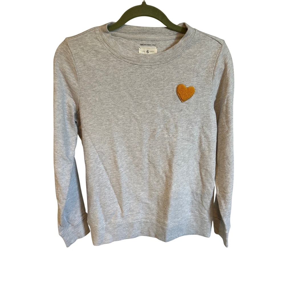 Lou & Grey Womens XS Gray Organic Cotton Heart Patch‎ Crewneck Sweatshirt 485746